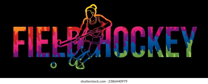 Field Hockey Font Design with Female Player Action Cartoon Graphic Vector