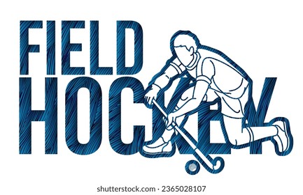 Diseño de fuentes de hockey de campo con vectores gráficos de acción de jugador masculino