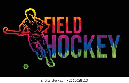 Field Hockey Font Design with Male Player Action Cartoon Graphic Vector