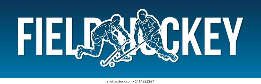 Field Hockey Font Design with Male Player Action Cartoon Graphic Vector