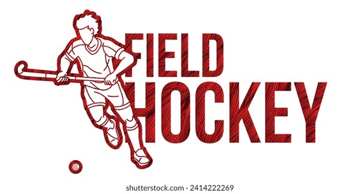 Diseño de fuentes de hockey de campo con vectores gráficos de acción de jugador masculino