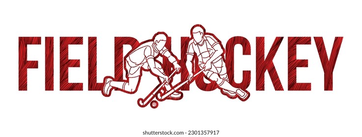 Field Hockey Font Text Design with Sport Player Cartoon Graphic Vector