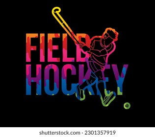 Field Hockey Font Text Design with Sport Player Cartoon Graphic Vector
