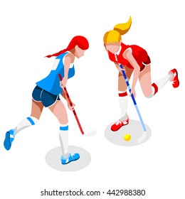 Field Hockey Girl Player Sportswoman Games Icon Set. 3D Isometric Sporting Championship Female Hockey Player Athlete Match Competition. Sport Infographic events Field Vector Illustration.