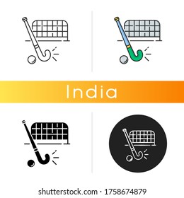 Field hockey icon. Indian national game. Active pastime. Team sport. Sports equipment and goals. Hockey stick and ball. Linear black and RGB color styles. Isolated vector illustrations