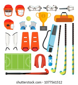 Field Hockey Icons Set Vector. Field Hockey Accessories. Ball, Helmet, Protection, Stick, Cup. Isolated Flat Cartoon Illustration