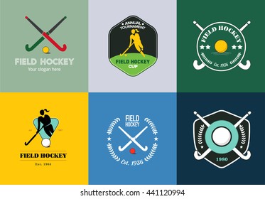 Field Hockey Logo Set. Vector Sport Badges With Woman Silhouette, Stick And Hockey Ball.