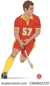 field hockey male player in red uniform, running with field hockey stick isolated on white a background