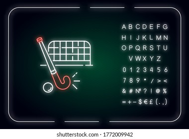 Field hockey neon light icon. Indian national game. Sports equipment. Hockey stick and ball. Outer glowing effect. Sign with alphabet, numbers and symbols. Vector isolated RGB color illustration