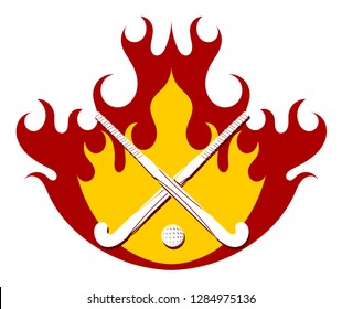 Field hockey on a background of fire. Two crossed field hockey sticks with a ball against the background of flames. Vector illustration of a sports emblem