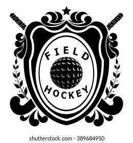 Field hockey on shield - two sticks, ball, ribbon with text, laurel branches and the stars. 
Vector illustration.