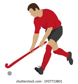 Jugador de hockey con bola y palo en el juego. Ilustración vectorial deportiva