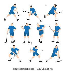 Juego de caracteres de jugador de hockey de campo. Ilustración vectorial plana aislada en fondo blanco