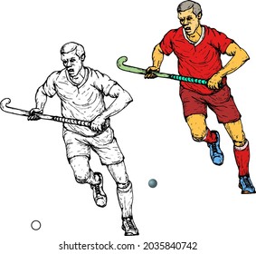 Field hockey player with hockey club chasing a ball. Hand drawn vector illustration.