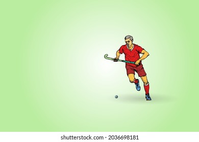 A field hockey player holding hockey stick chase ball  Hand drawn vector illustration 