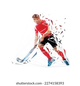 Field hockey player running with ball, low polygonal vector illustration, geometric field hockey logo from triangles