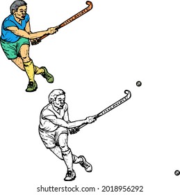 Field hockey player strike a ball with hockey club. Hand drawn vector illustration.