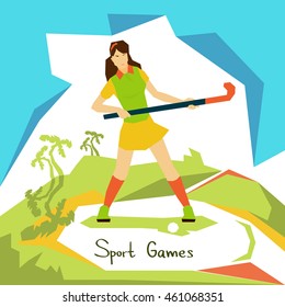 Field Hockey Player Woman Athlete Sport Competition Flat Vector Illustration