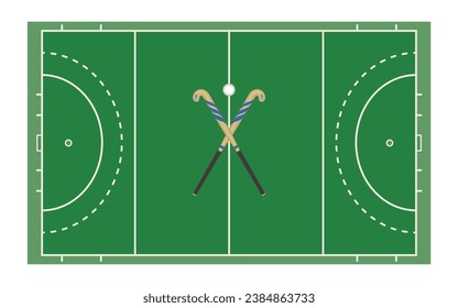 field hockey playing field with crossed sticks and ball