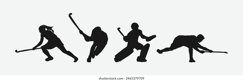 Silueta de hockey sobre fondo blanco. Atletas masculinos y femeninos con diferentes acciones, posan. Ilustración vectorial.