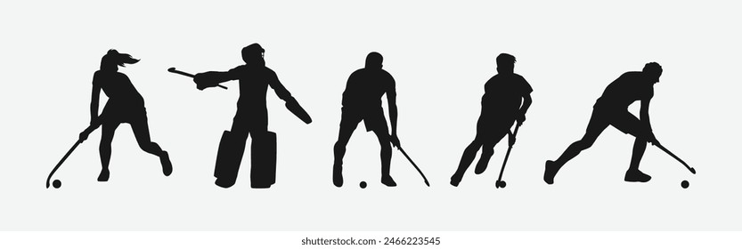 Field hockey silhouette set on white background. Male and female athletes with different action, pose. Vector illustration.