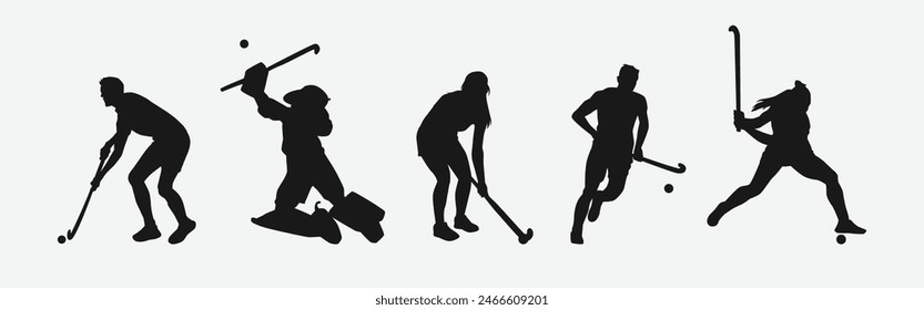 Field hockey silhouette set on white background. Male and female athletes with different action, pose. Vector illustration.