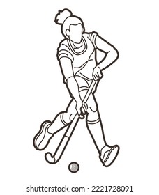 Field Hockey Sport Female Player Action Cartoon Graphic Vector