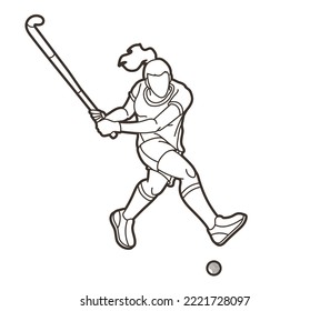 Field Hockey Sport Female Player Action Cartoon Graphic Vector