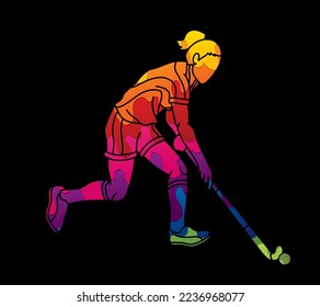 Field Hockey Sport Female Player Action Cartoon Graphic Vector