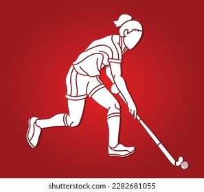 Field Hockey Sport Female Player Action Cartoon Graphic Vector