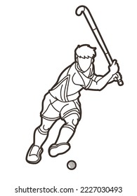 Field Hockey Sport Male Player Action Cartoon Outline Graphic Vector