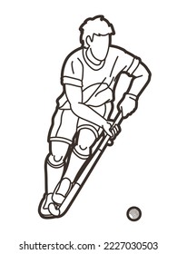 Field Hockey Sport Male Player Action Cartoon Outline Graphic Vector