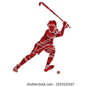 Field Hockey Sport Male Player Action Cartoon Outline Graphic Vector