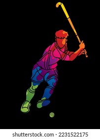 Field Hockey Sport Male Player Action Cartoon Outline Graphic Vector