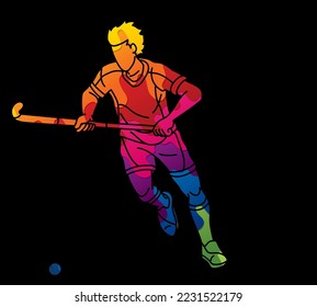 Field Hockey Sport Male Player Action Cartoon Outline Graphic Vector