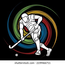 Field Hockey Sport Male Player Action Cartoon Outline Graphic Vector