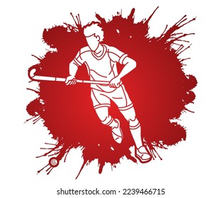 Field Hockey Sport Male Player Action Cartoon Outline Graphic Vector