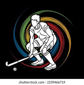 Field Hockey Sport Male Player Action Cartoon Outline Graphic Vector