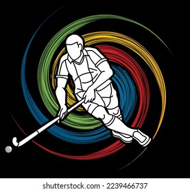 Field Hockey Sport Male Player Action Cartoon Outline Graphic Vector
