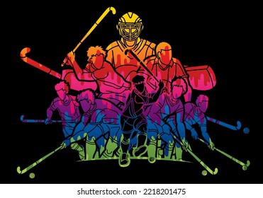 Field Hockey Sport Male Players Action Cartoon Graphic Vector