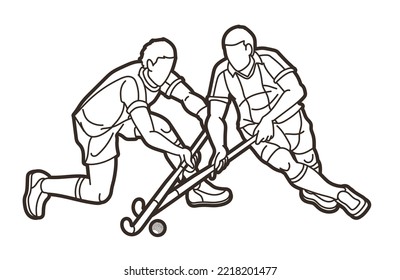 Field Hockey Sport Male Players Action Cartoon Graphic Vector