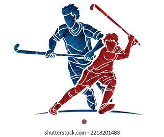 Field Hockey Sport Male Players Action Cartoon Graphic Vector