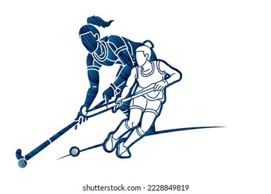 Field Hockey Sport Team Female Players Action Together Cartoon Graphic Vector