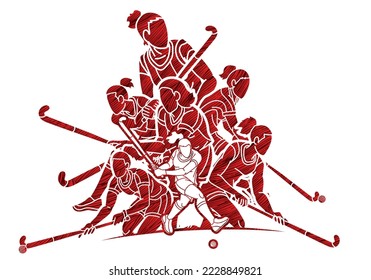 Field Hockey Sport Team Female Players Action Together Cartoon Graphic Vector