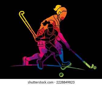 Field Hockey Sport Team Female Players Action Together Cartoon Graphic Vector