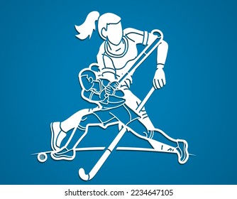 Field Hockey Sport Team Female Players Action Together Cartoon Graphic Vector