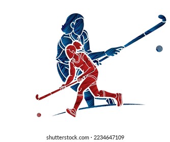 Field Hockey Sport Team Female Players Action Together Cartoon Graphic Vector