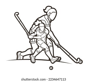 Field Hockey Sport Team Female Players Action Together Cartoon Graphic Vector