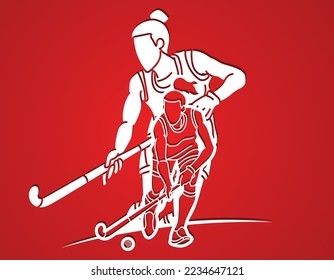 Field Hockey Sport Team Female Players Action Together Cartoon Graphic Vector