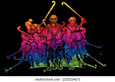 Field Hockey Sport Team Male and Female Players Action Together Cartoon Graphic Vector